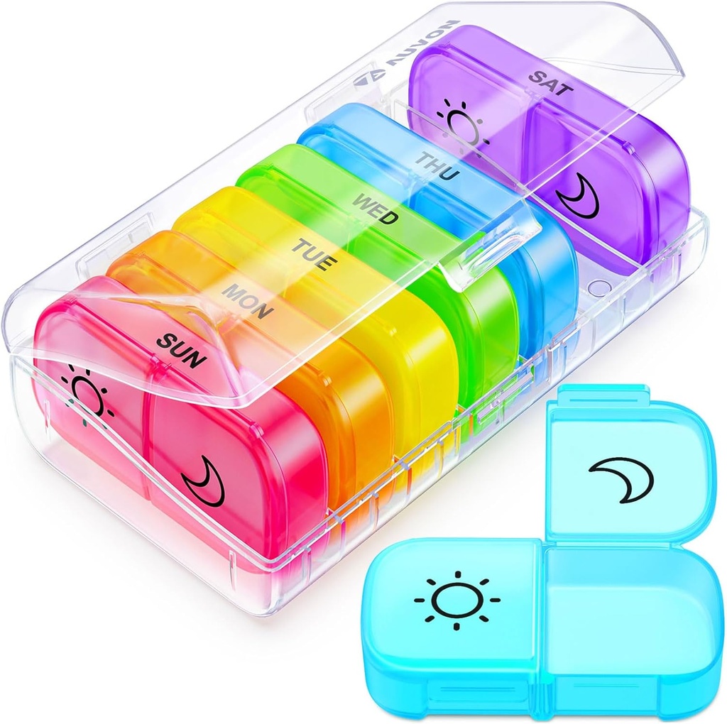 AUVON XL Weekly Pill Organizer 2 korda päevas suure avanemisega lihtsaks täitmiseks, AM PM Pill Box 7 päeva vikerkaare värvides, kaasaskantav reisipillide juhtum ravimite, vitamiinide, kalaõlide, toidulisandite jaoks