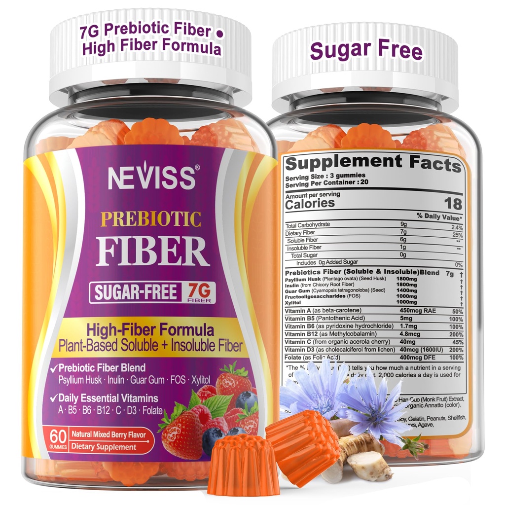 1Pack Fiber Gummies täiskasvanutele Psyllium Husk, 7G (lahustumatu + lahustumatu) Daily Prebiootiline kiud inuliiniga, FOS, Guar Guar Gum, multivitamiinid igapäevase seedehäire Tervis, Regularity Gut Support, Suhkruvaba