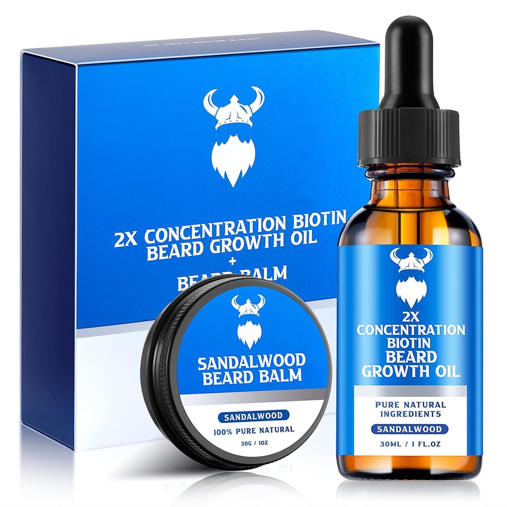Beard Growth Oil & Beard Balm - Habe kasvukomplekt 2X kontsentratsiooniga biotiiniga meestele, looduslikud koostisosad argaaniaõli, Jojoba õli ja vitamiiniga (Sandalwood)