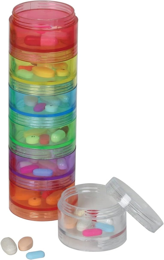 Ezy Dose Weekly (7-päevane) Daily Stackable Pill Case, Medicine Planner, Vitamiini Organizer Box, Keskmiselt eemaldatavad osad, lihtne kasutada, Vikerkaarevärvid, BPA tasuta