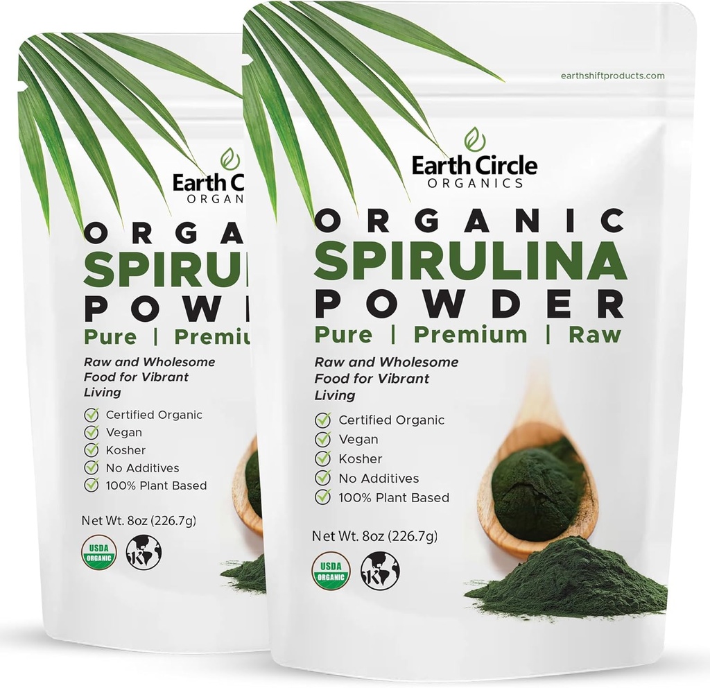 Maa ring Orgaanilised Spirulina pulber, Kosher, toores ja kiiritamata | Puhas veganvalk | Premium Energy Superfood, kõrge aminohapete ja antioksüdantide sisaldus - (8oz - 2Pack)