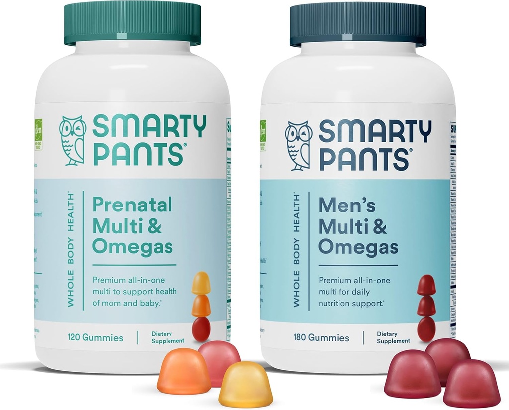 SmartyPants Prenatal ja meeste multivitamiini Gummies Bundle: Omega 3 kalaõli (EPA / DHA), biotiin, metüülfolaat, vitamiin D3, C, vitamiin B12, B6, A, K & tsink immuunsuse toetamiseks (30 päeva pakkumine)