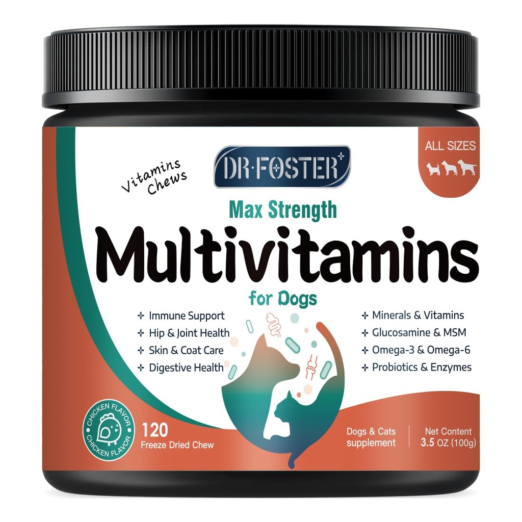 Koerte multivitamiinid Glükoosamiiniga, Omega 3, mineraalid, probiootikumid ja ensüümid, koerte vitamiinid ja toidulisandid liigestele, nahale ja nahahooldusele, seedetraktile ja immuunsüsteemile, kana maitse - 120 närimist