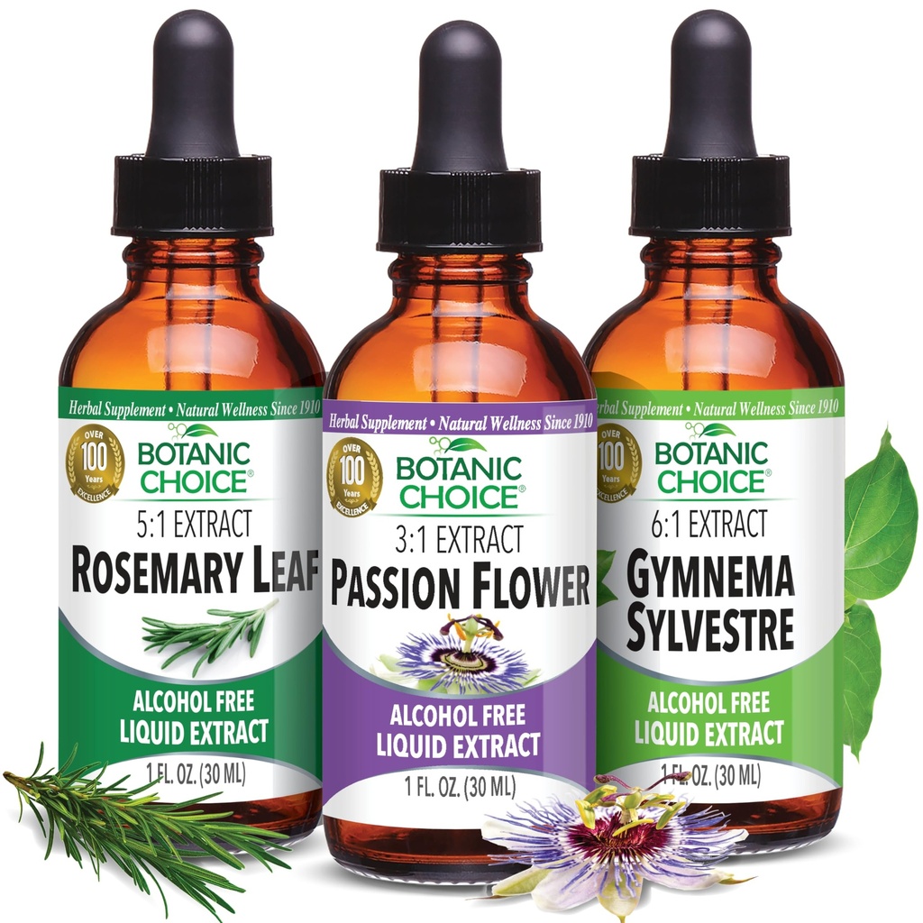 Botaaniline valik Passion Flower, Rosemary Leaf, & Gymnema Sylvestre ekstraktid Bundle – igapäevane üldine heaolu komplekt (1 fl. Oz. Iga