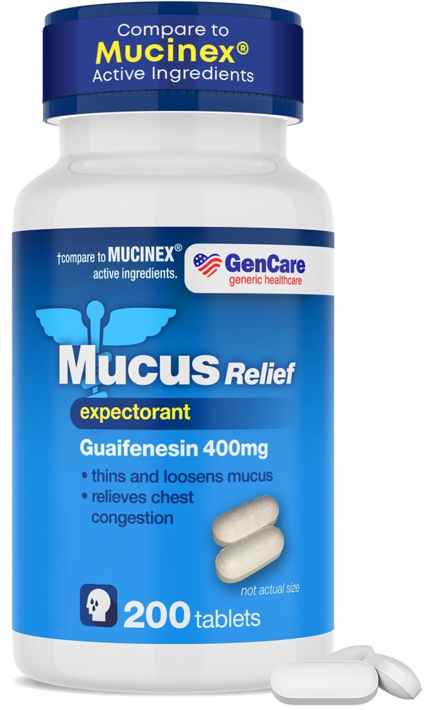 GenCare Mucus Relief Expectorant Guaifenesin 400 mg 200 Tablets Value Pack - Kiiretoimeline lima hõrenemine külmade, rindkere ummistuste, gripi, köha ja allergiate korral