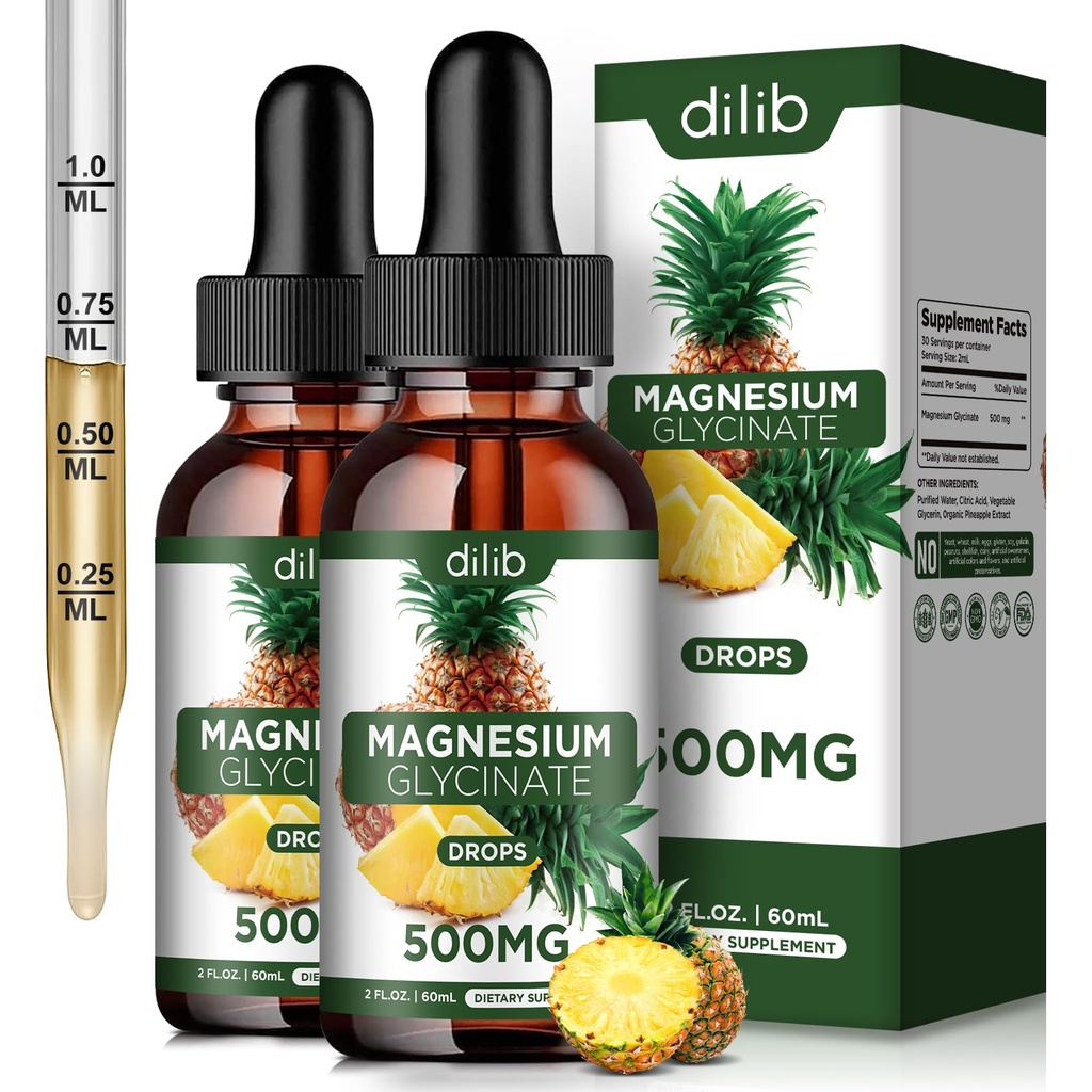 (2 Pack) Magneesiumglütsinaadi lisand, vedelik Magneesium Glütsinaat Vedelik tilgad 500mg-toetavad stressi leevendamist, lõdvestumist, meeleolu, une, luu ja lihaseid-4 Fl Oz, Vegan, ananassimaitse
