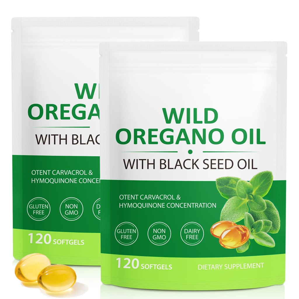 Oregano softgelsi õli, 2 in 1 Oregano õli musta seemne õliga 240 loend, Oreganoõli lisakapslid, orgaaniline Oreganoõli ekstrakt, Non-GMO, Gluteenivaba - 2 kott
