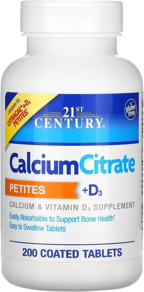 21st Century Calcium Citrate Petites + D3 Coated Tablets - 200 Tablets, Pack of 4