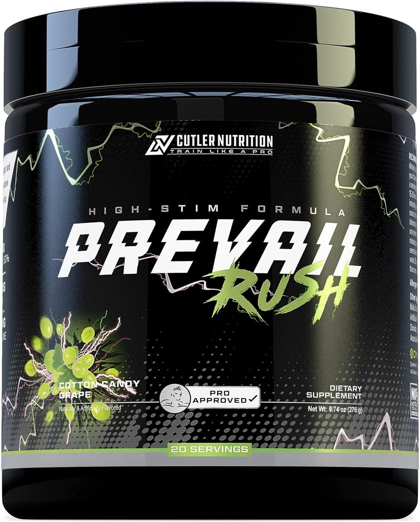 Cutler Nutrition High Stim Pre Workout Pulber Prevail Rush Preworkout meestele ja naistele intensiivsete pumpade jaoks Energia ja keskendumine kofeiini NO3T Betaiini ja Dünaamiiniga | Puuvillane Candy Grape (20 serveerimist)
