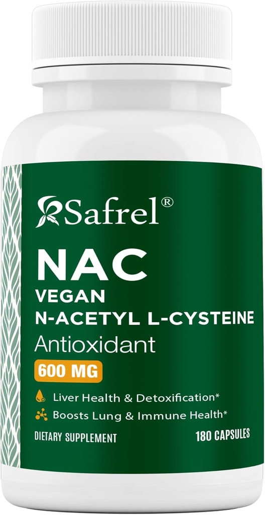 Safrel N-atsetüül-L-tsüsteiini (NAC) kapslid, 600mg, 180 Count, hingamisteede, immuunsuse, maksa tervise tugeva antioksüdandi tugi, vabad radikaalid, kergesti imenduvad, mitte-GMO, gluteenivaba