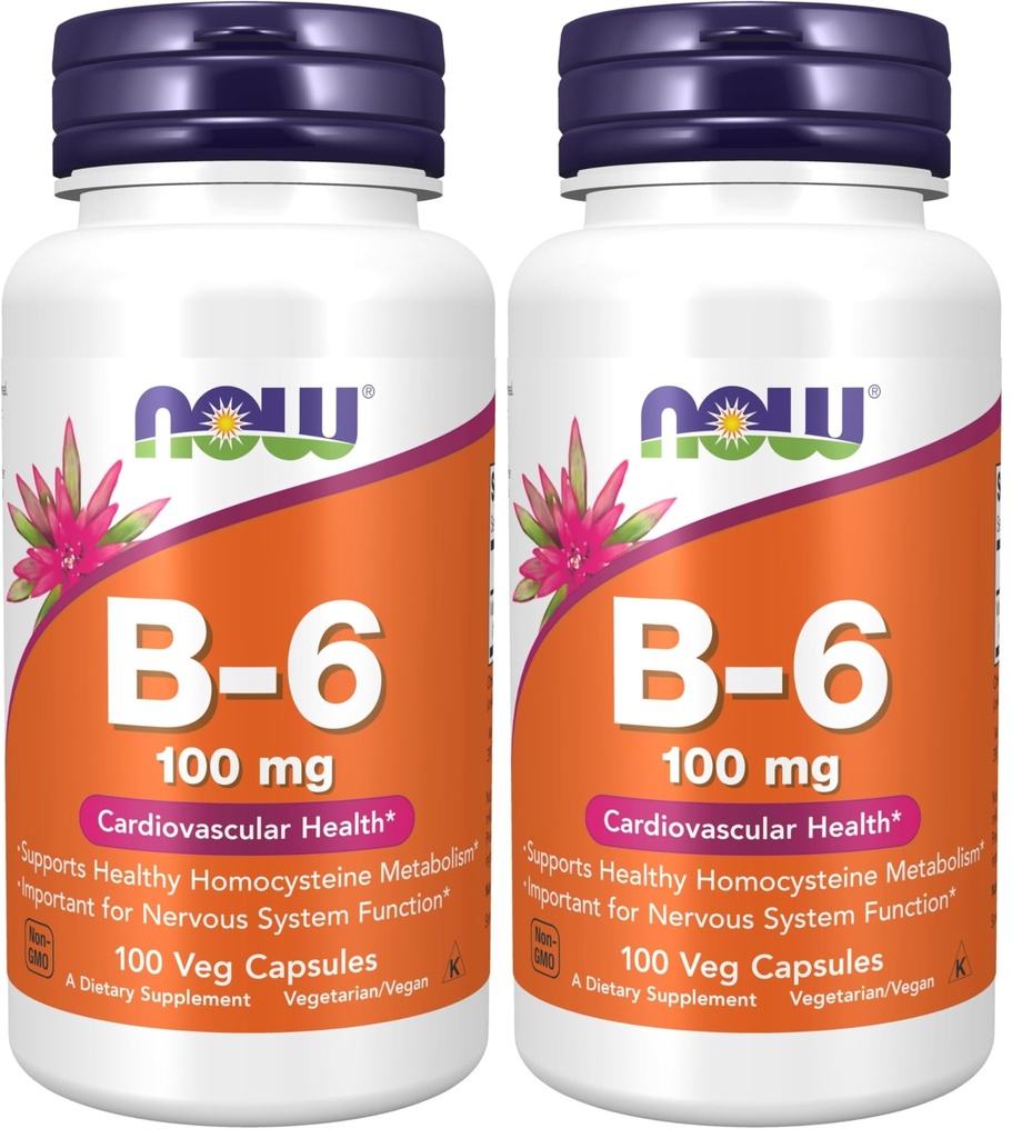 NOW toidulisandid, vitamiin B-6 (püridoksiin HCl) 100 mg, südame-veresoonkonna tervis *, 100 Veg kapslit (pakk 2)