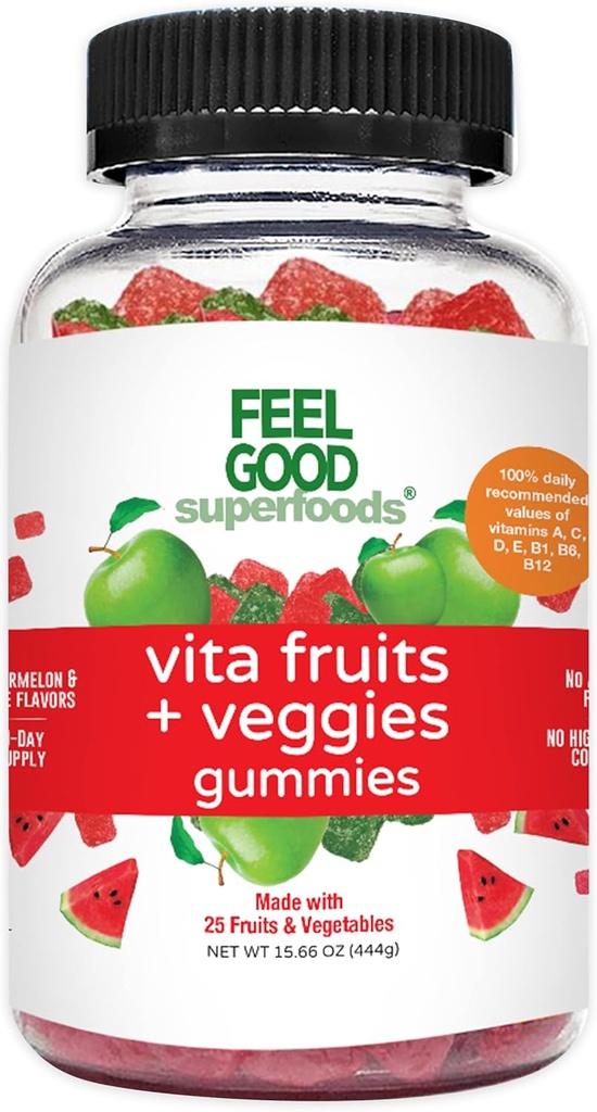 FeelGood Superfoods Vita Puu- ja Köögiviljalisandid, Multivitamiini Puu- ja Köögiviljakummid, 25 Puu- ja Köögiviljad, Arbuus ja Õunamaitsed, Vegan, Non-GMO, 60 Count