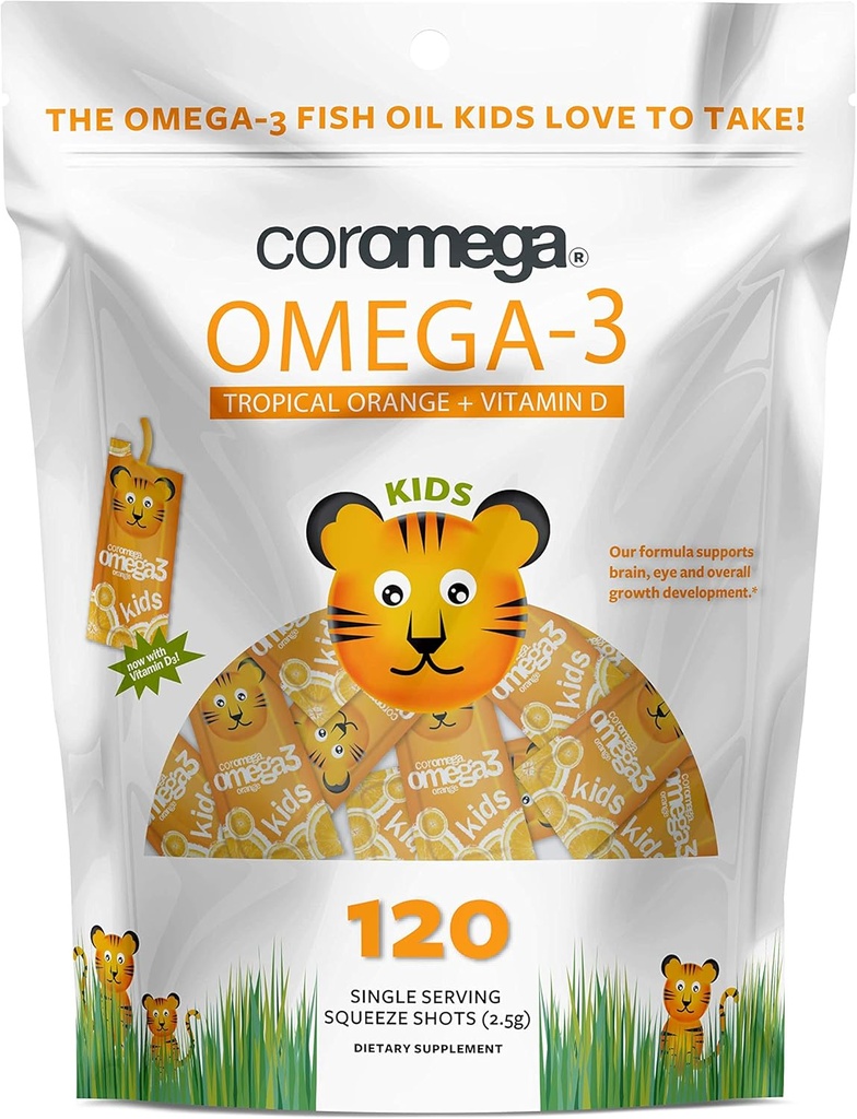 Coromega Kids Omega 3 kalaõli lisand, 650mg oomega-3s, troopiline apelsin + D-vitamiin, 120 ühekordset pigistatavat pakendit