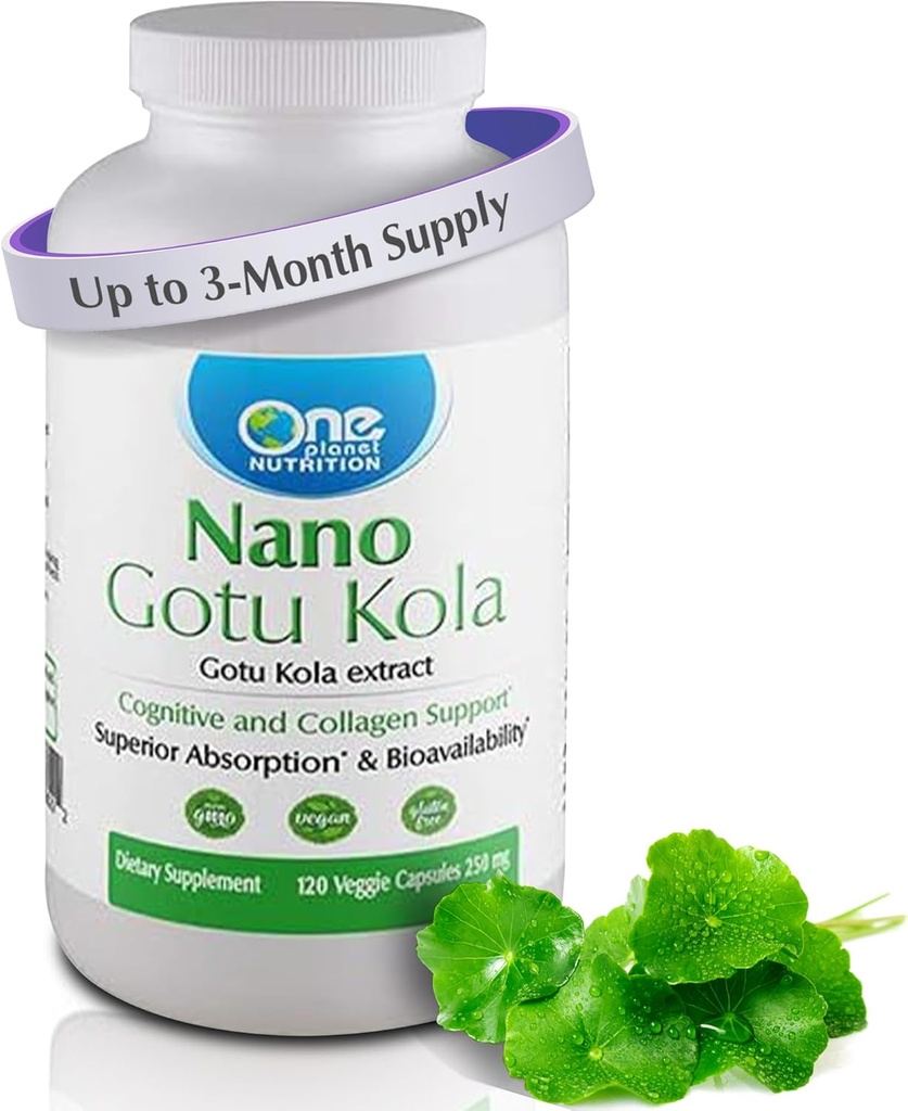 One Planet Nutrition Nano Gotu Kola 250 mg Veggie kapslid (120 Servings), Gotu Kola ekstrakt, Nano täiustatud imendumiseks, suurendab aju funktsiooni ja kollageeni sünteesi, mitte-GMO, Vegan, Gluteenivaba
