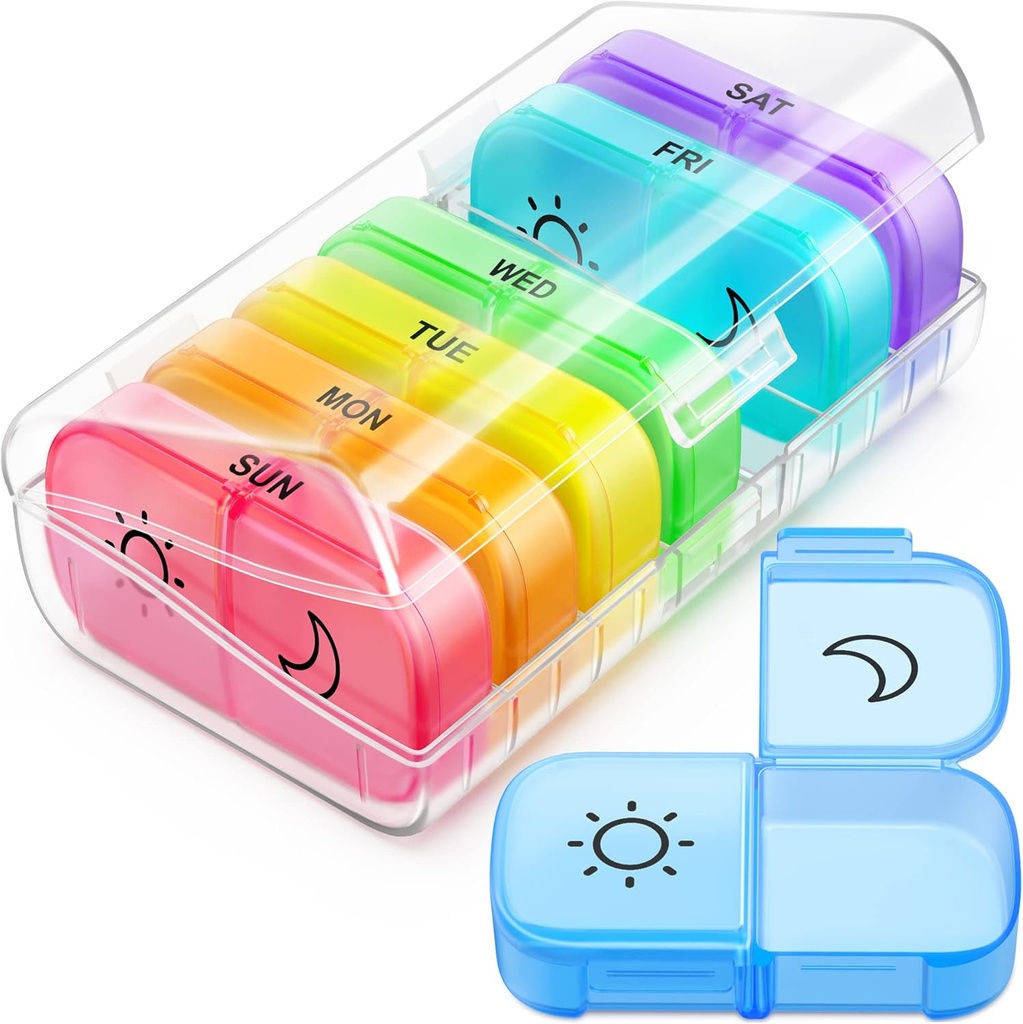 FEATY Weekly Pill Organizer 2 korda päevas sama suure avamisega lihtsaks täitmiseks ja kättesaamiseks, värvi jälgimine 7 päeva AM PM Pill Box koos suurte BPA tasuta pillide kastiga vitamiinide, kalaõlide jaoks (selge)