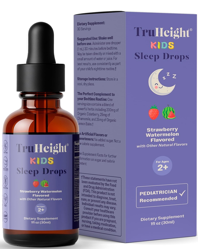 TruHeight Kids Sleep Tinktuur vanuses 2+ (Watermelon Flavor) - Imikud, väikelapsed ja lapsed Looduslik uneabi - Beebi, väikelapse, lapse melatoniin 2 aastat vana + - Vitamiin B6, riboflaviin, tsink, vask, sidrun Balm