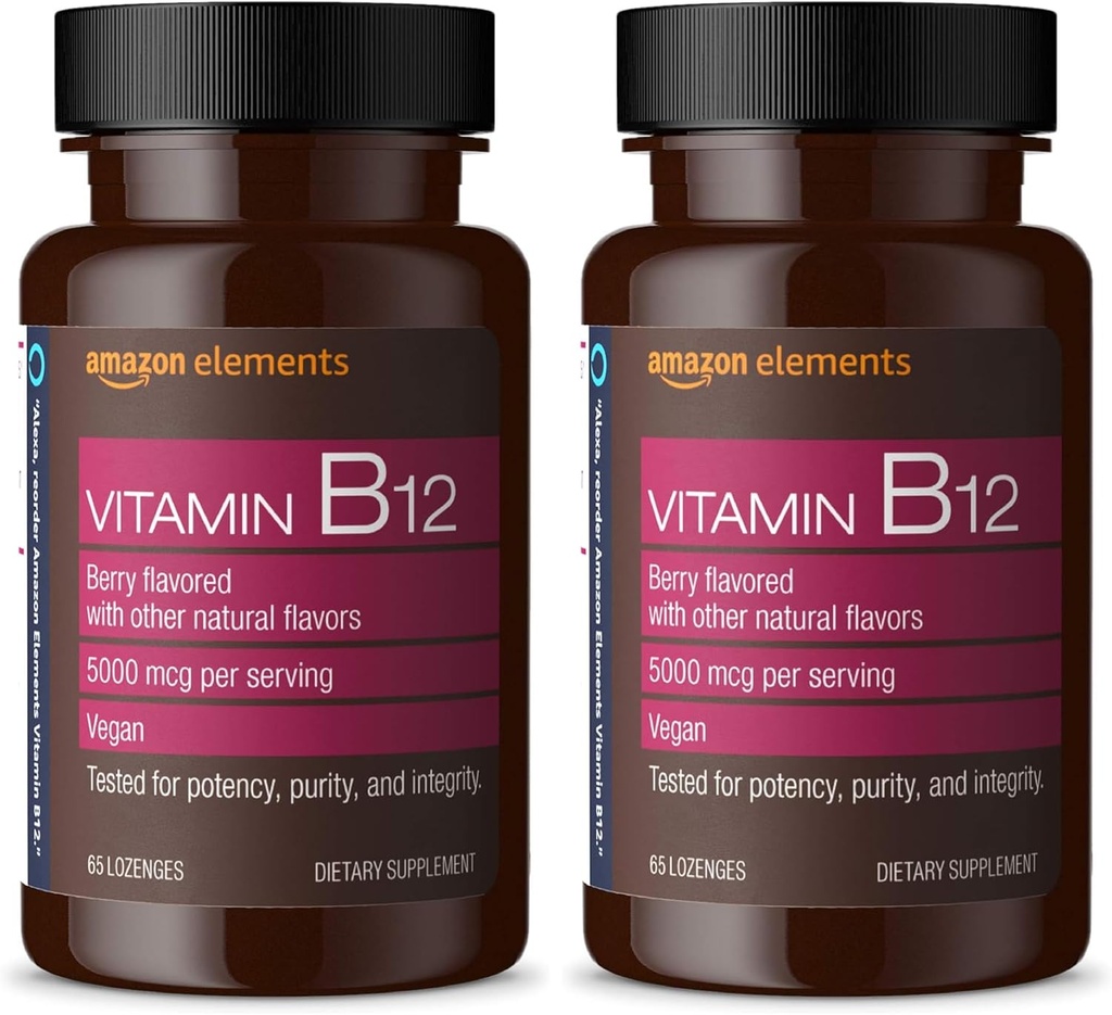 Amazonase elemendid Vitamiin B12 Metüülkobalamiin 5000 mcg - Normaalne energia tootmine ja ainevahetus, Immuunsüsteemi tugi - 2 kuu pakkumine, Berry Maitsestatud Lozenges, 65 Count (Pack of 2)