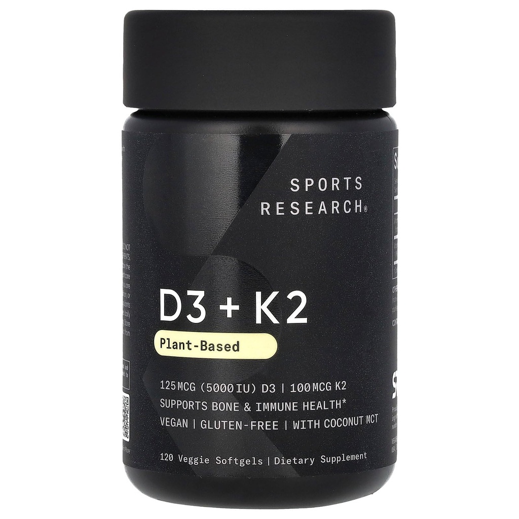 Sport Research Vitamiin D3 K2 Softgels - Taimne K2 & Vegan D3 5000iu koos kookospähkli MCT õli - Vegan Certified, Soja & Gluteenivaba - 120 Count