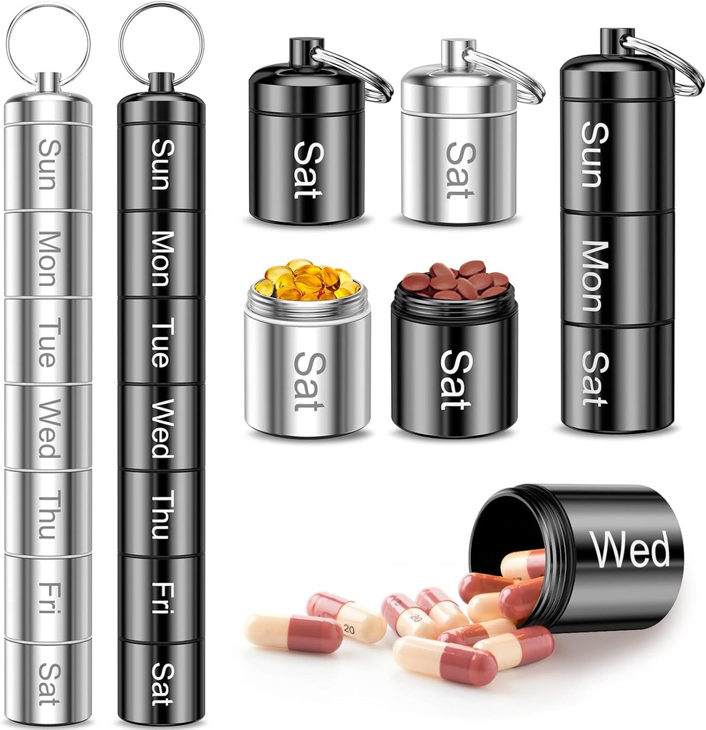 Nädala Pill Korraldaja, QuwaYee kaasaskantav väike pillid Case Keychain Pill Holder reisimiseks, 2 Pack Metal Pill Case Veekindel Päevane meditsiin Pill Korraldaja Vitamiin, kalaõli, täiendus