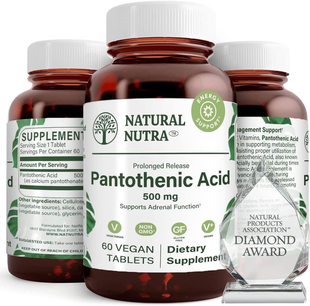 Natural Nutra Time Release Pantoteenhape 500 mg, vitamiin B5 täiendus aitab murda rasva ja süsivesikuid, ainevahetust ja energiat, parandada lihaste tervist, 60 taimetoitlast tabletti (3 pakendit)