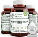 Natural Nutra Time Release Pantoteenhape 500 mg, vitamiin B5 täiendus aitab murda rasva ja süsivesikuid, ainevahetust ja energiat, parandada lihaste tervist, 60 taimetoitlast tabletti (3 pakendit)