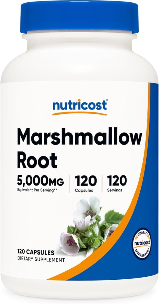 Nutricost Marshmallow Juur 5000mg ekvivalent, 120 Taimekapslit - Gluteenivaba & Non-GMO - alates 500mg 10: 1 Väljavõte