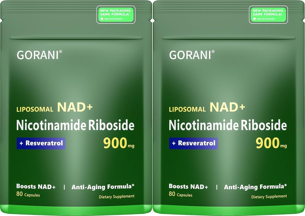 Gorani NAD+ Supplement 900MG – nikotiinamiid ribosiid, liposomaalne resveratrool ja kvertsetiin – toetab rakuenergiat ja antioksüdandi tervist – 80 kapslit