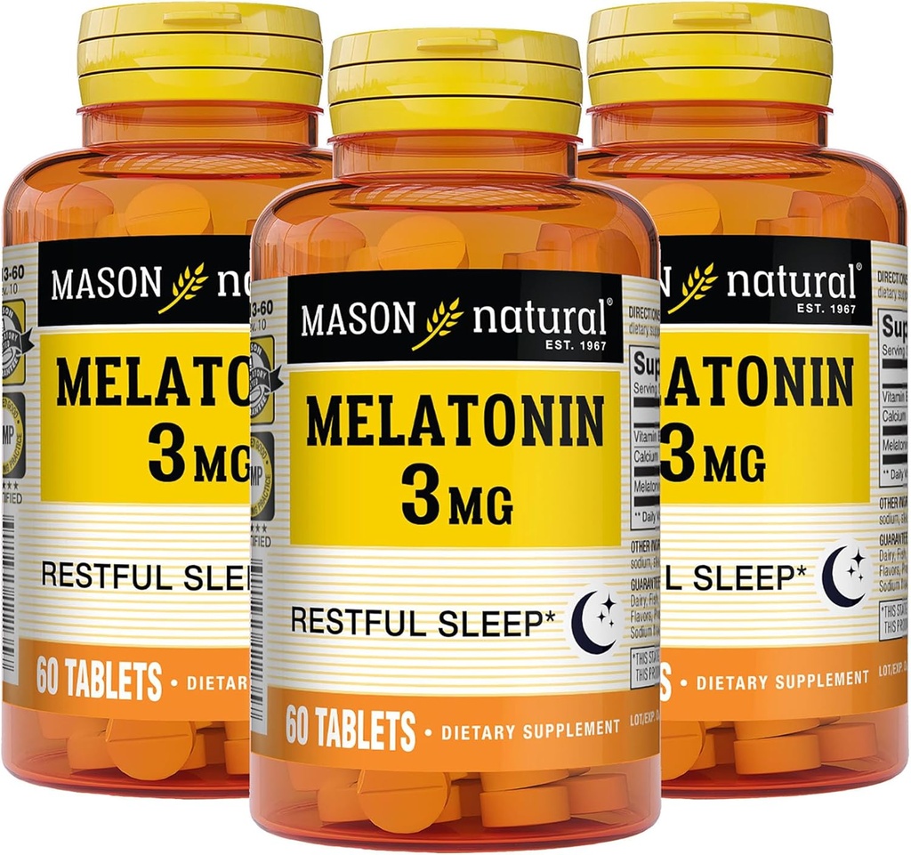 MASON LOODUSLIK Melatoniin 3 mg B6 & kaltsiumiga, looduslik uneabi, toetab rahulikku und, 60 tabletti (3. pakendis)