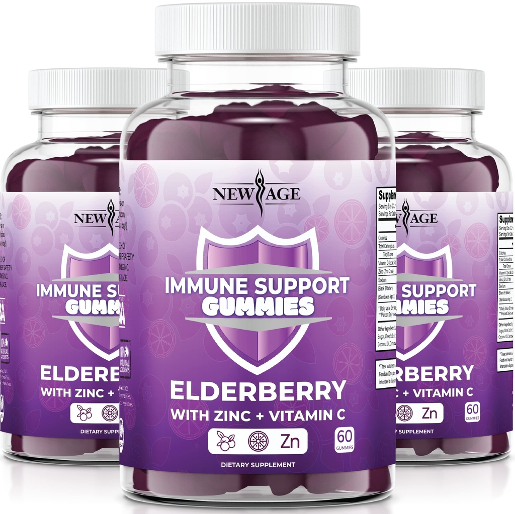 NEW AGE Immuunsüsteemi tugikummid - Sambucus Black Elderberry Gummies koos C-vitamiini ja tsingiga (immuuntugi 180 kummikut)