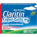Claritin Liqui-Gels 24-tunnine allergia leevendamine, mitte-uimane allergia meditsiin, loratadiini antihistamiinikapslid, 60 loend