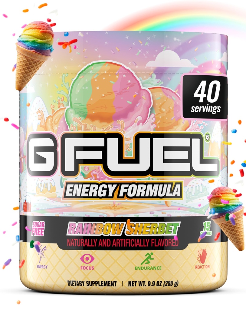 G Fuel Rainbow Sherbet energiajoogi pulber, Pre Treening Kofeiinisegu hasartmängudeks, Sugar Free Focus Amino, Vitamiin + Antioksüdandid, 9,9oz (Vikerkaare šerbet, 40 Servings)
