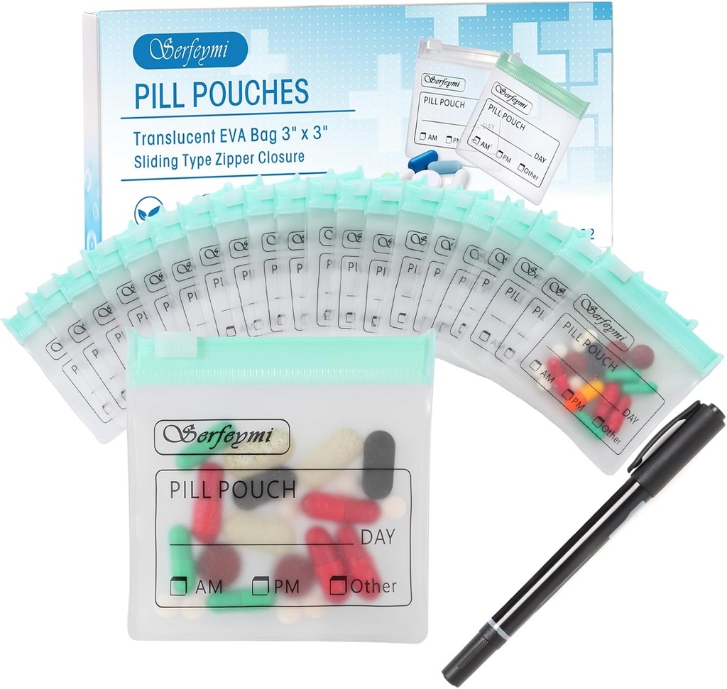 Serfeymi 32 Pcs Zippered Pill Pouches Korraldaja Plastist kotid 3 X 3 tolli 12 mil enesetihendamine koos Slide Lock Kirjutatav Silt Läbipaistev Travel Medicine Hoidmiskott juhul ja 1 Pc Marker-Green