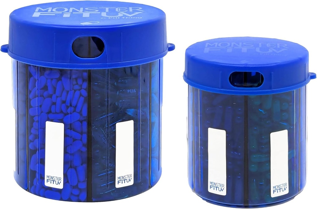 Monster täiendada ravim pillid Dispenser koos osade sildid - ekstra suur pillid konteiner pudel käsile peaaegu iga täiendus - lihtne ära visata (Monster Blue & Monster Jr. Blue)