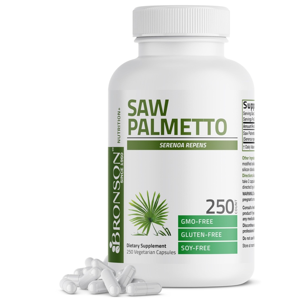 Bronson Saw Palmetto ekstra tugevus toetab tervislikku eesnäärme funktsiooni ja kuseteede tervisetoetust - mitte GMO, 250 taimekapslit