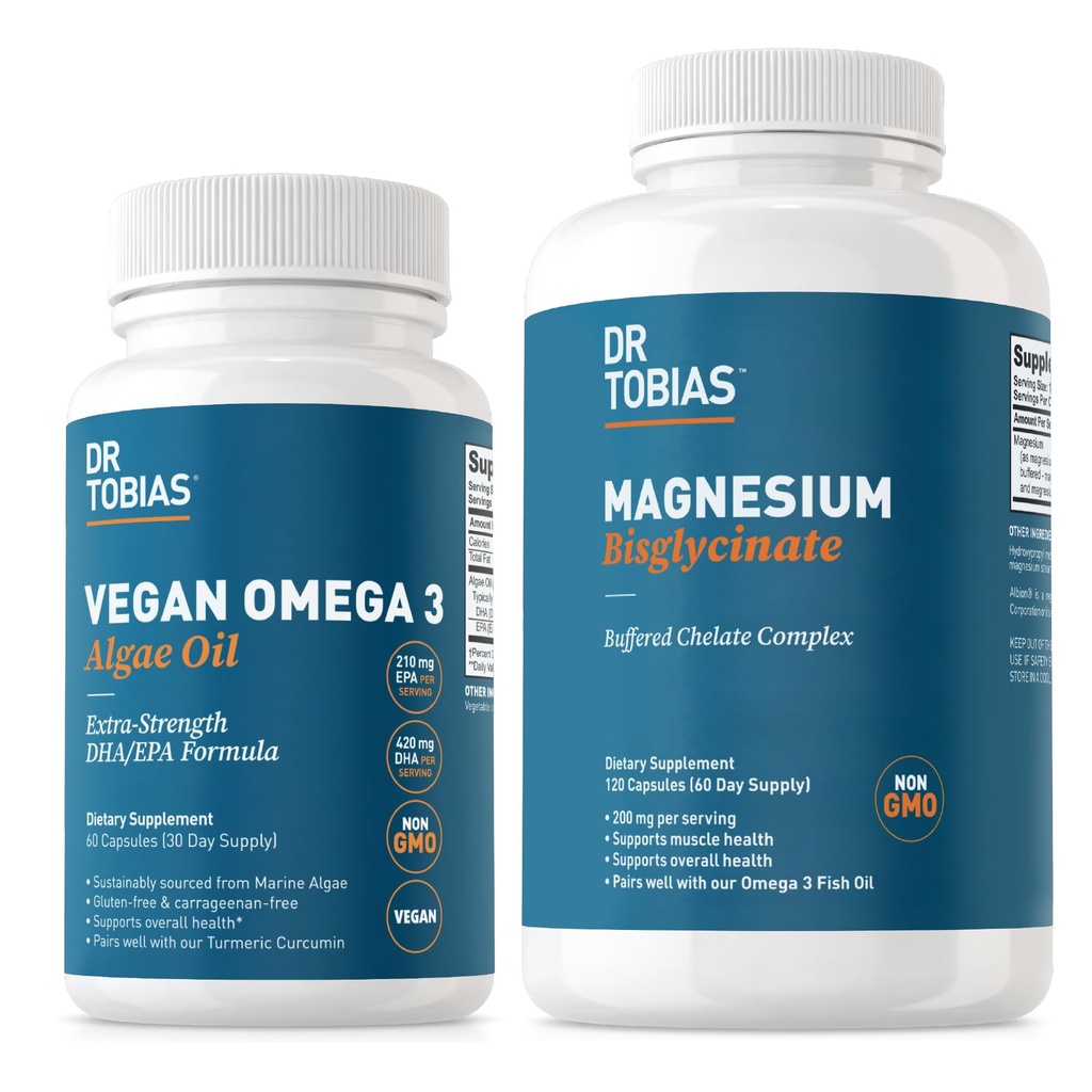 Dr Tobias Vegan Omega 3 vetikaõli ja magneesiumi bisglütsinaat, südame, aju, lihaste ja luude tervise oluline tervisetoetus, mitte-GMO, vegan