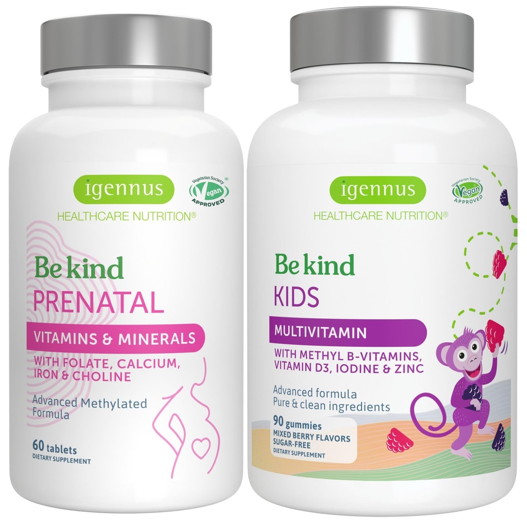 Kõrge imendumine Metüülitud Prenatal + Advanced Kids Multivitamiin Gummy Vegan Bundle, puhas etikett vitamiiniga A, B, C, D3 & E, 60 tabletti + 90 Marja maitsega kummikud, Ole lahke Igennus