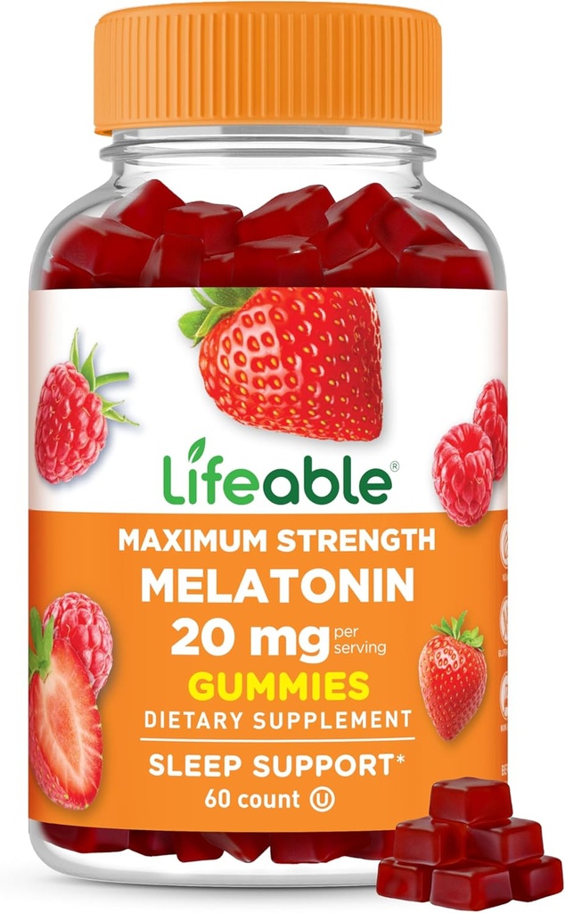 Elujõuline melatoniin 20mg Gummies | Hea maitsega unelisa täiskasvanutele | Võib aidata kukkumist ja uinumist | Taimetoitlaste unekummid täiskasvanutele, meestele, naistele | 60 melatoniinkummid 20mg