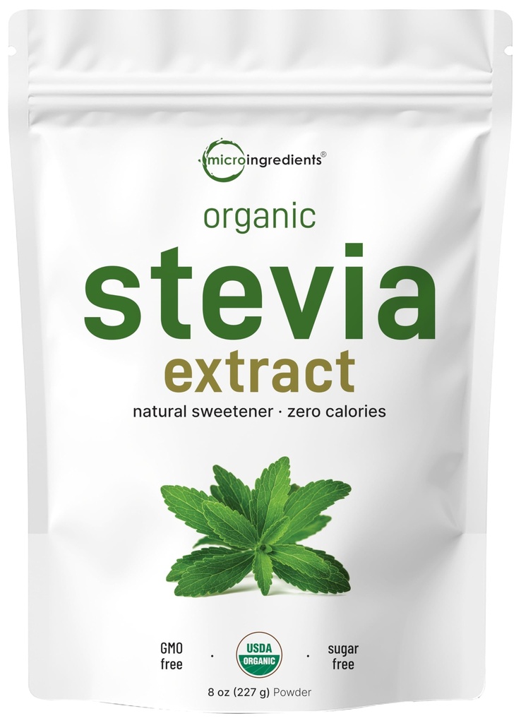 Puhas orgaaniline Stevia pulber, 8 untsi, 1418 serveerimine, kõrge kvaliteediga Stevia Green Leaf Extract Reb-A, vähendatud mõru järelmaitse, 0 kalorit, looduslik magusaine, suhkru alternatiiv, Keto sõbralik