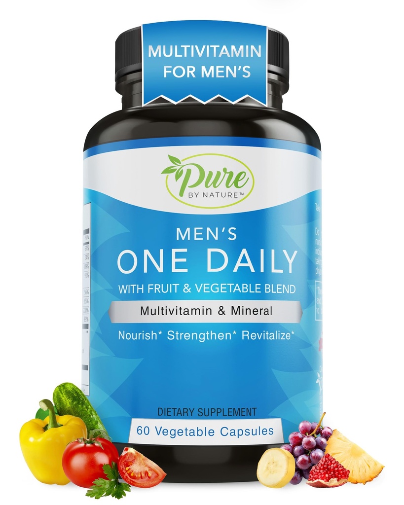 Puhas looduse järgi Üks-Igapäevane multivitamiin meestele, immuunsuse tugilisa mitte-GMO koostisosaga, vitamiinid ja mineraalid energia jaoks, 60 köögiviljakapslit