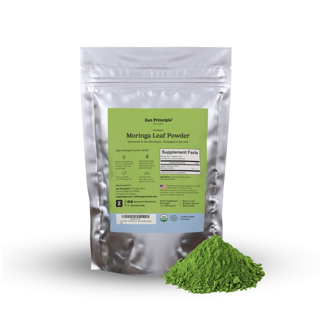 Zen printsiip 1 lb. Premium Organic Moringa Oleifera Leaf Powder. USDA Certified Organic.