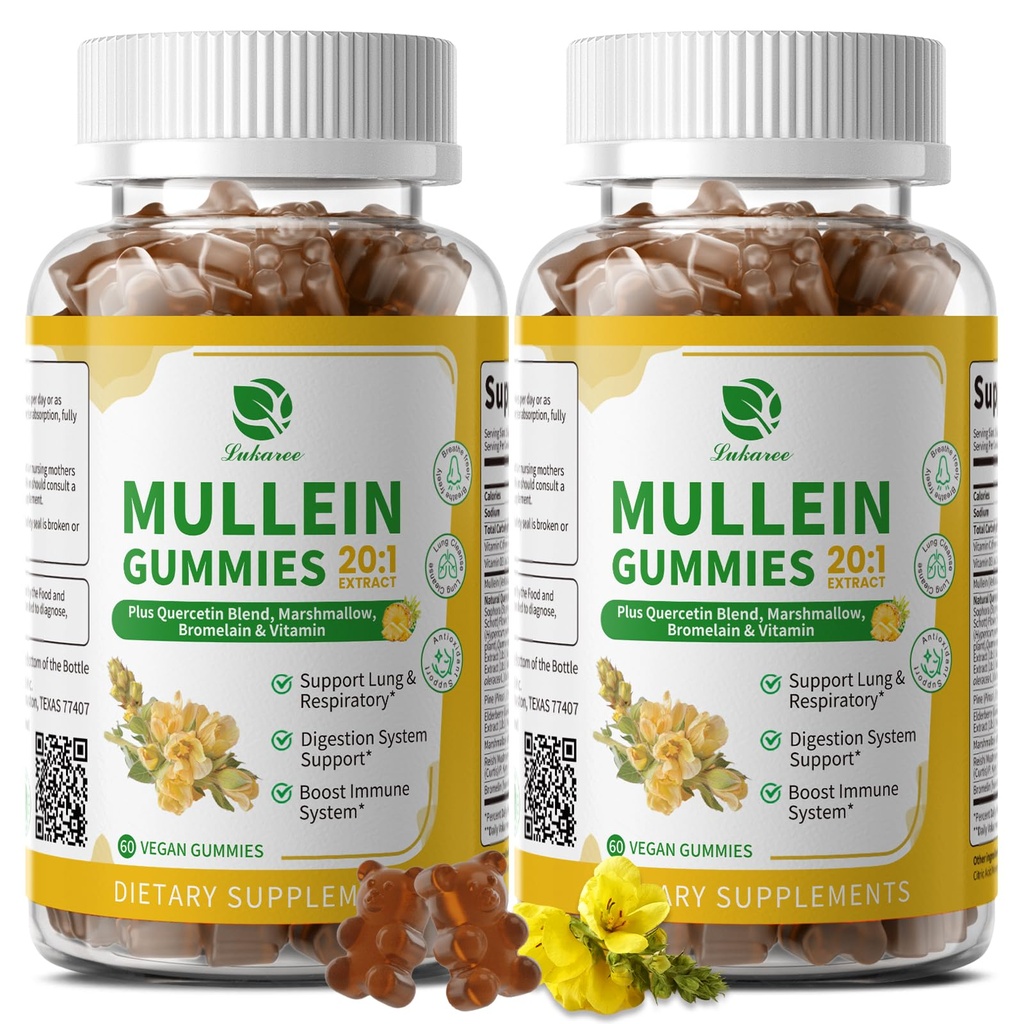 (2 Pack) 9 in 1 Mullein Gummies for Lung Cleanse & Detox, Extra Strength Mullein Leaf Extract w/Quercetin, Bromelain, Elderberry & Marshmallow for Respiratory, Immune & Digestive, Vegan, 120 Count