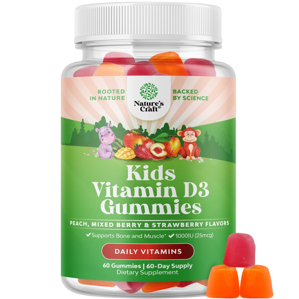 Näritavad D-vitamiini kummikud lastele - maitsvad lapsed D-vitamiini 1000 RÜ ühe serveeritava kummi vitamiinide ja väikelaste jaoks Immuunsüsteemi tugi Plus Lihashambad ja luu tervis - želatiin tasuta puuviljamaitsed