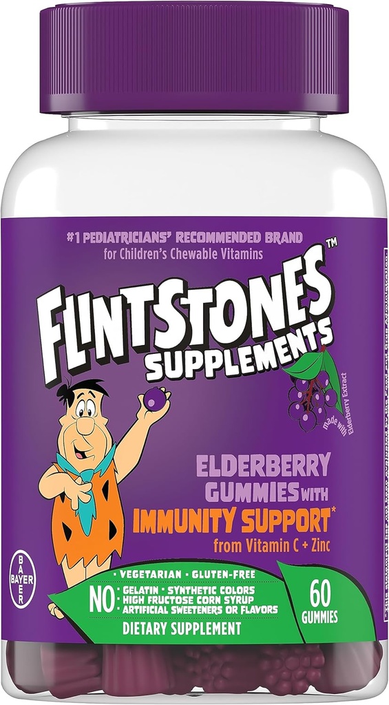 Flintstones Vitamiinid Elderberry Gummies lastele, kellel on immuunsus C-vitamiini ja tsink, immuunsüsteemi tugikummid, lastele mõeldud multivitamiinid, gluteenivaba, 60 loend
