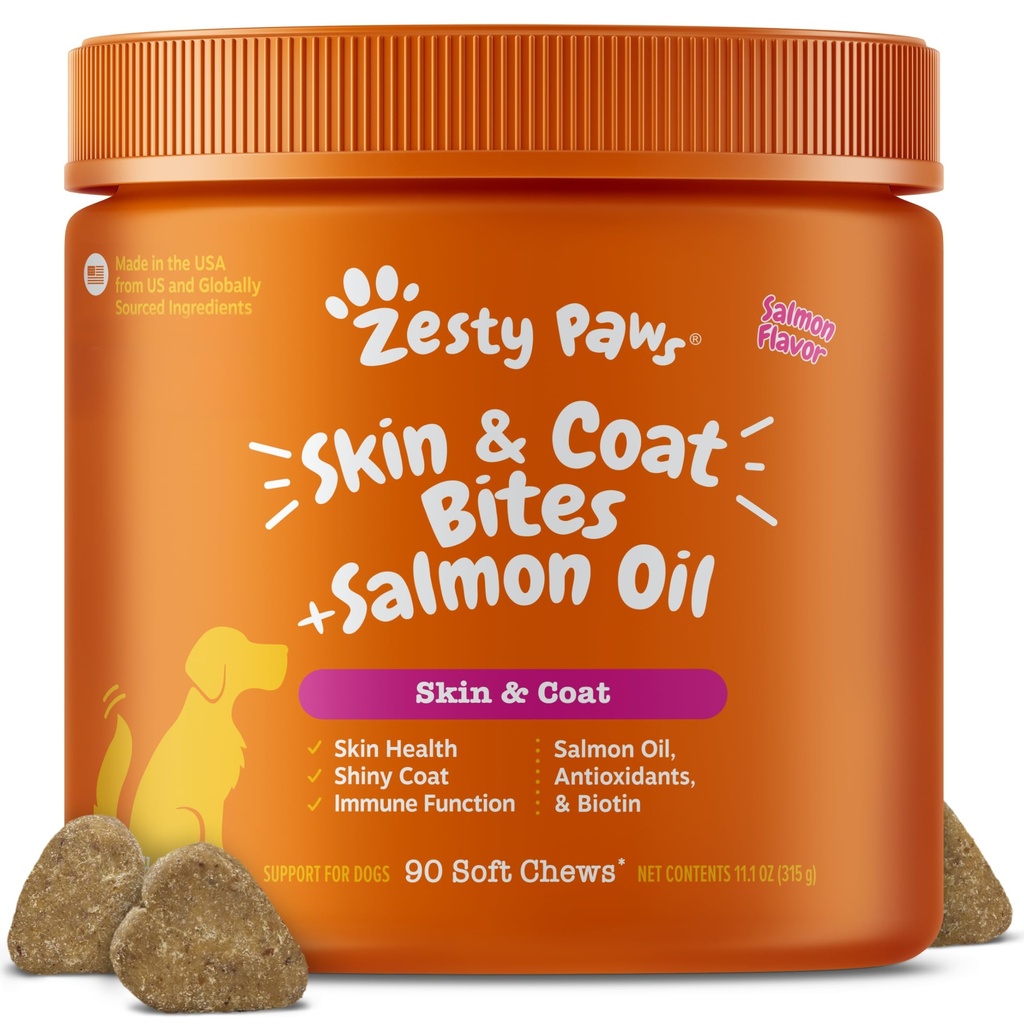 Zesty Paws Salmon Oil for Dogs Naha ja kate, Omega 3 Kalaõli närib, Koer Allergia Relief Chews, Itch Relief Supplement, 90 Count, Lõhe maitse
