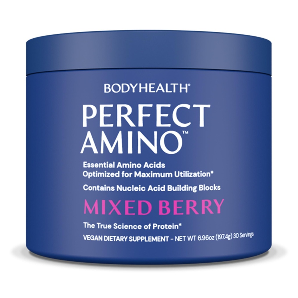 BodyHealth PerfectAmino Powder - BCAA ja EAA Pulber Pre ja Post Workout - Aminohappe energiajook meestele ja naistele, et toetada Lean lihaseid ja taastumist - segatud Berry - 30 serveerimist
