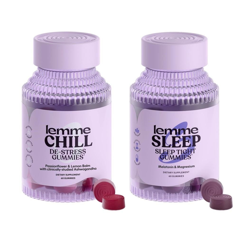 Lemme Chill & Sleep Bundle - stressi leevendamise kummikud KSM-66 Ashwagandha ja sügava une kummid melatoniini ja magneesiumiga, et magada kiiremini - gluteenivaba ja mitte-GMO (Variety Pack of 2)