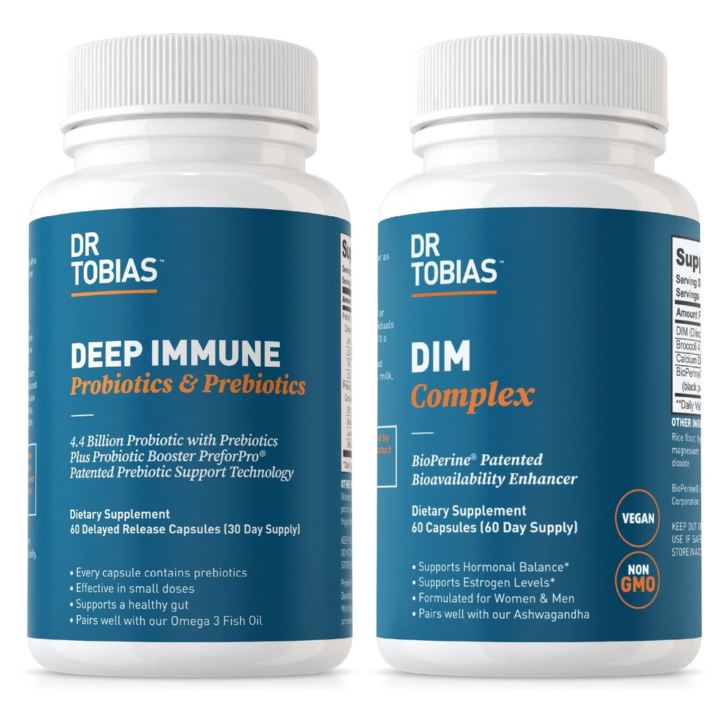 Dr Tobias Deep Immune probiootikumid ja prebiootikumid ja DIM kompleks, toetab seedetrakti tervist, soolestiku immuunfunktsiooni, hormoonide tasakaalu naistele ja meestele