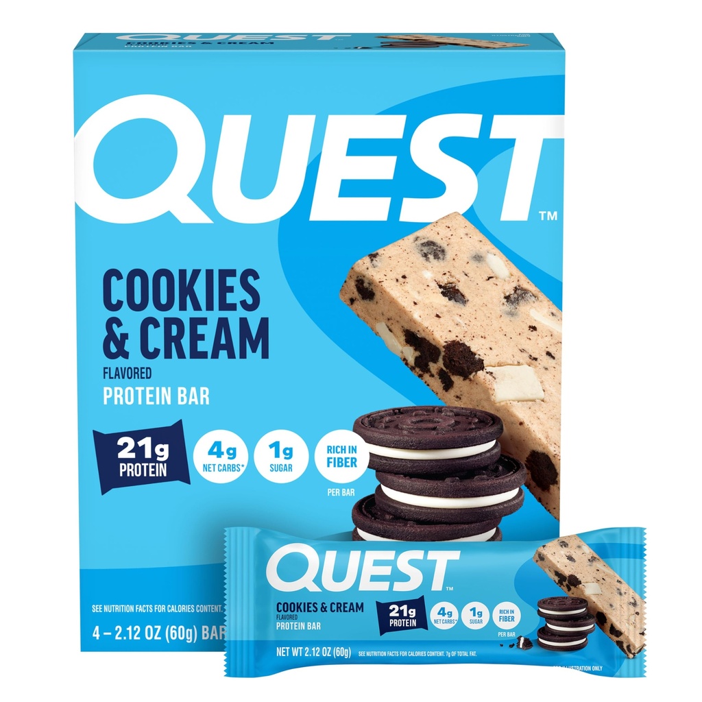 Quest Nutrition Cookies & Cream Protein Bars, 21g Valk, 4g Net Carbs, 1g Suhkur, Gluteenivaba, Keto Sõbralik, 4 Count