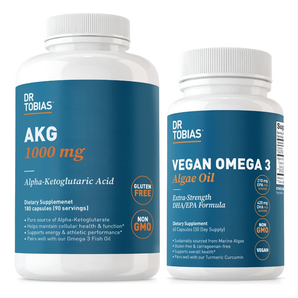 Dr Tobias AKG täiendus ja Vegan Omega 3 vetikaõli, rakuenergia toetamine ja üldine tervis AKG, EPA & DHA, Vegan, Gluteenivaba, mitte-GMO-ga