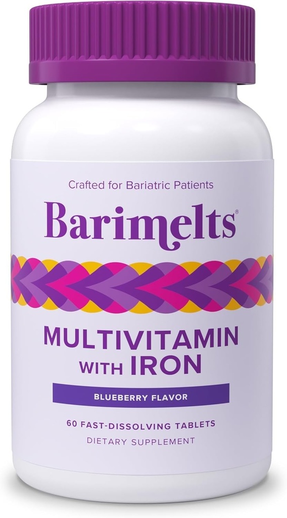 BariMelts Bariatric Multivitamiini Raud - 1 kuu pakkumine (60 kiirlahustuv tablett) - Suhkruvaba - Post-Op Bariatric Vitamiinid - Natural Blueberry Maitse